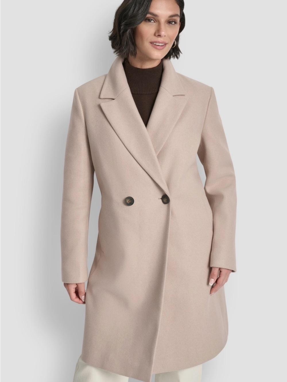 Wool-Blend Double-Breasted Long Coat - cream color